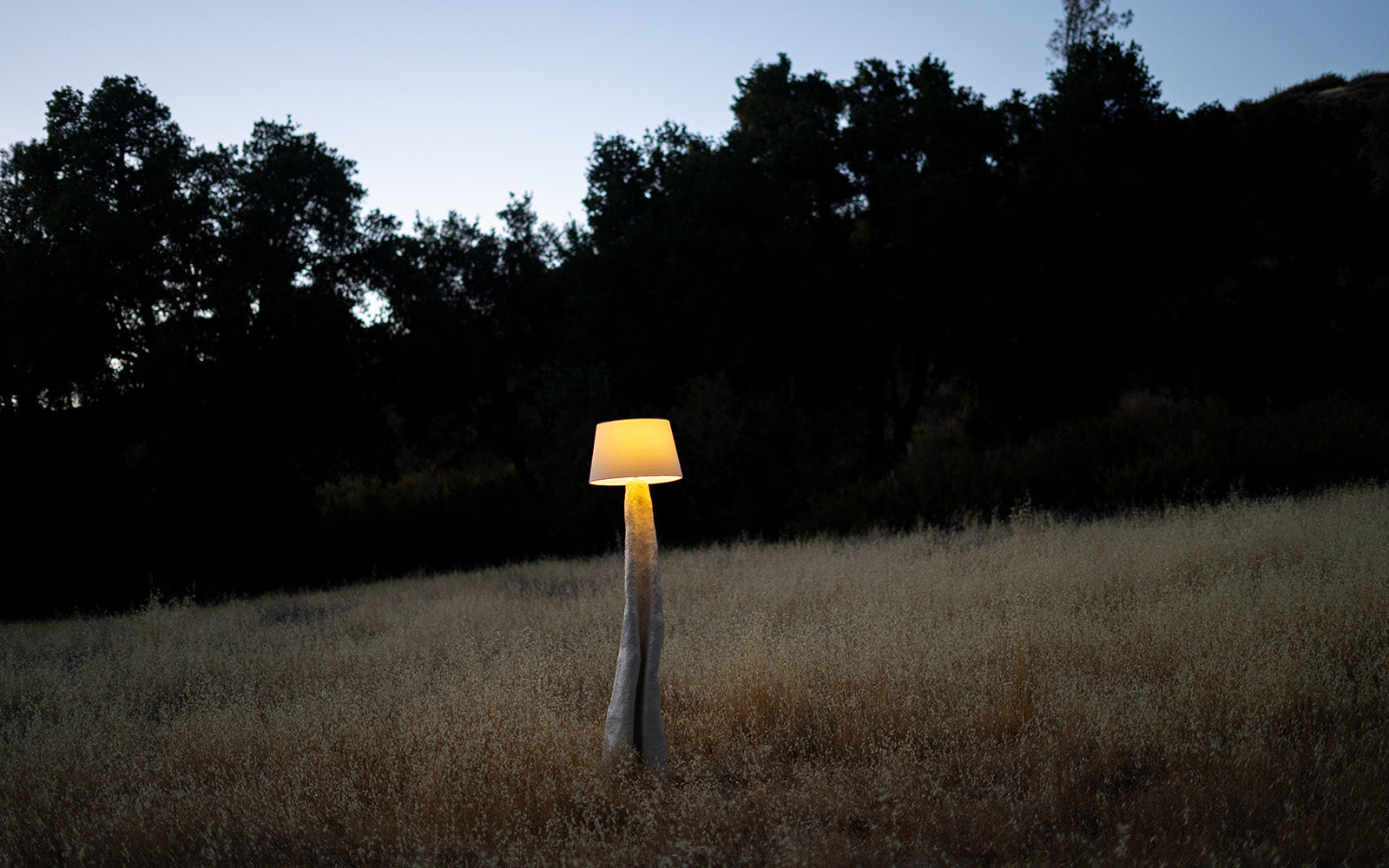 A nature inspired floor lamp made from a paper clay with a paper shade, glowing with a warm yellow light in an open grassy field at dusk.