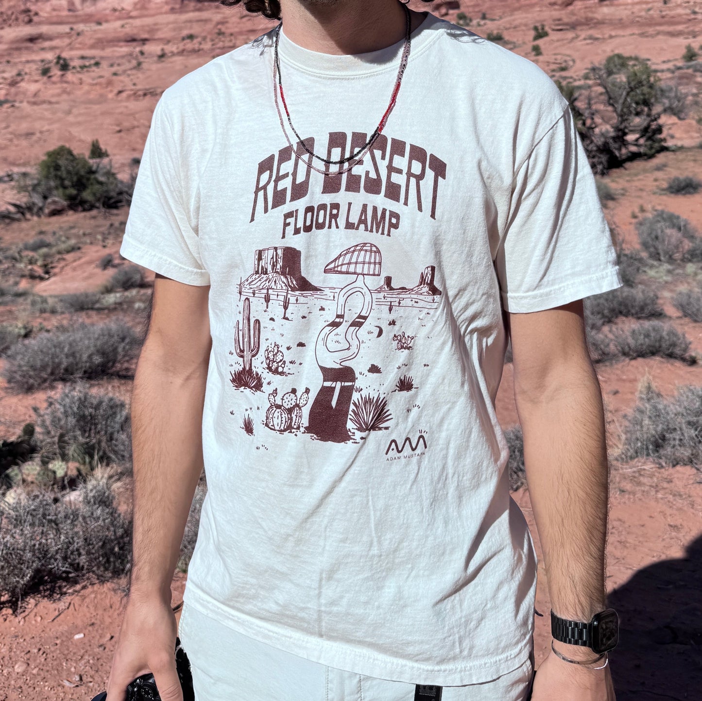 Man wearing sunglasses and a graphic t-shirt in a desert landscape with red rock formations.